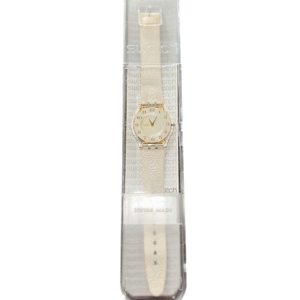 Swatch Womens Wristwatch Gold Dial Ivory Swirl Strap w/ Original Case.